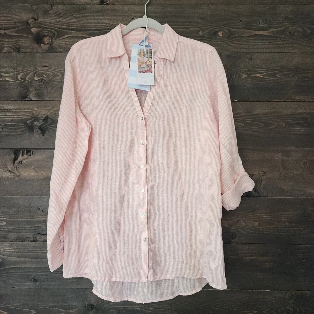 Martha Stewart 100% Linen Button-Front Tunic Top Pinstripe Pink White Small NWT